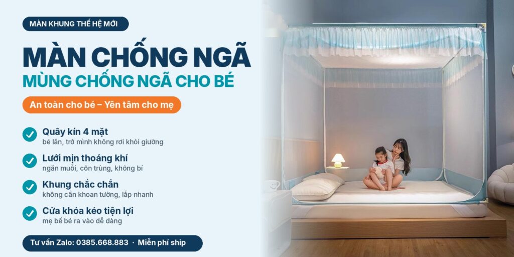 Màn chống ngã, mùng chống ngã cho bé quây kín 4 mặt, lưới thoáng khí, không khoan tường