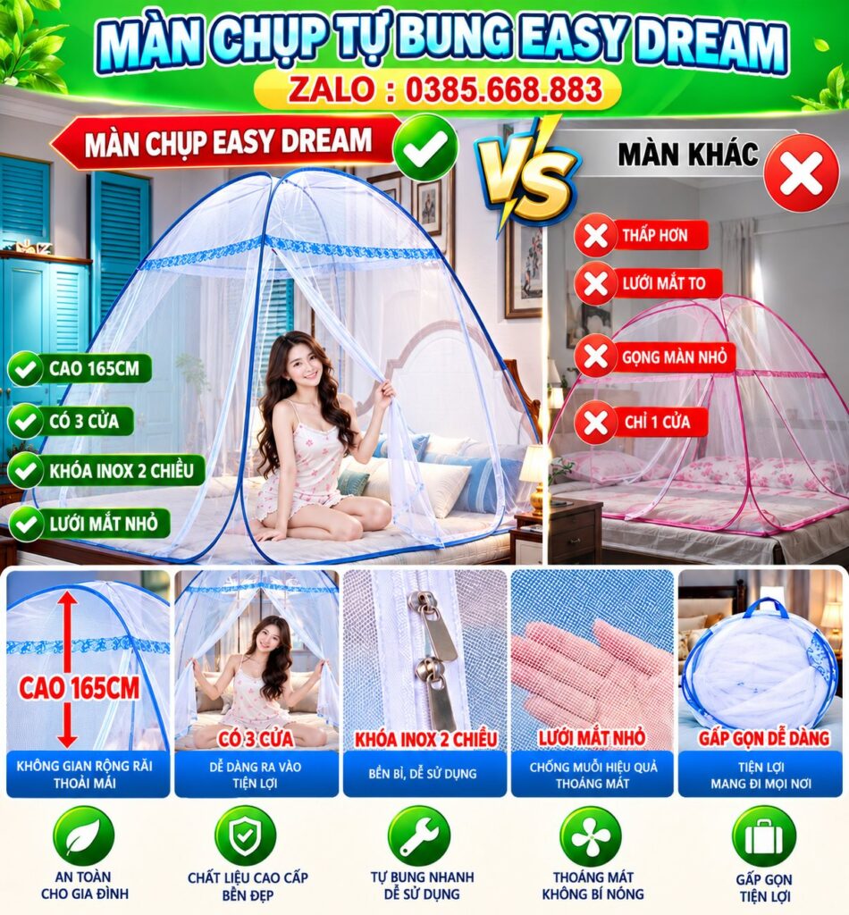Màn chụp tự bung gấp gọn cao 165cm, 3 cửa, khóa inox 2 chiều, lưới mắt nhỏ