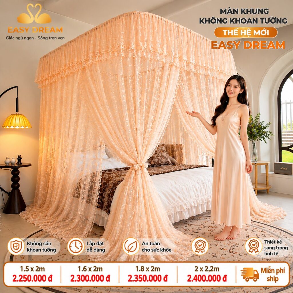 Màn khung không khoan tường thế hệ mới màu hồng đào, lắp đặt dễ dàng, miễn phí ship