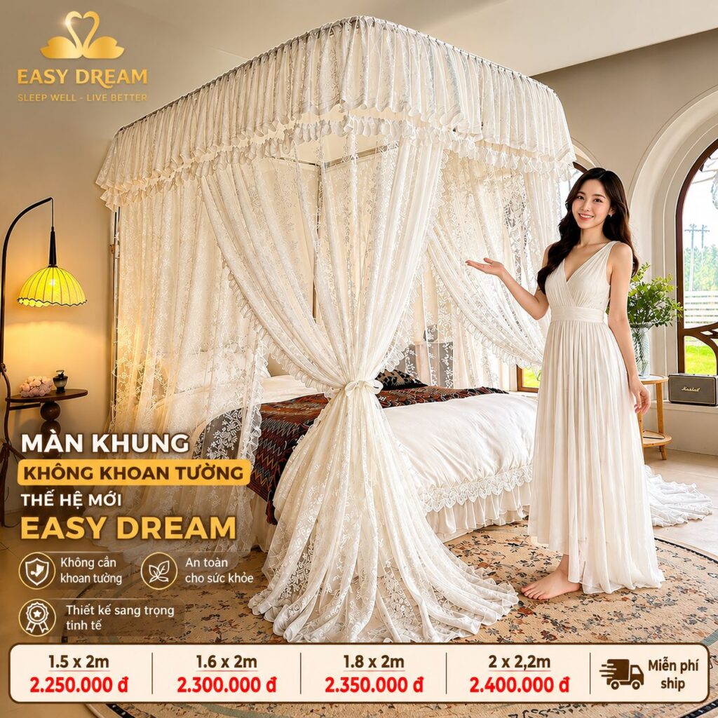 Màn khung không khoan tường thế hệ mới ren trắng sang trọng, bảng giá theo kích thước giường