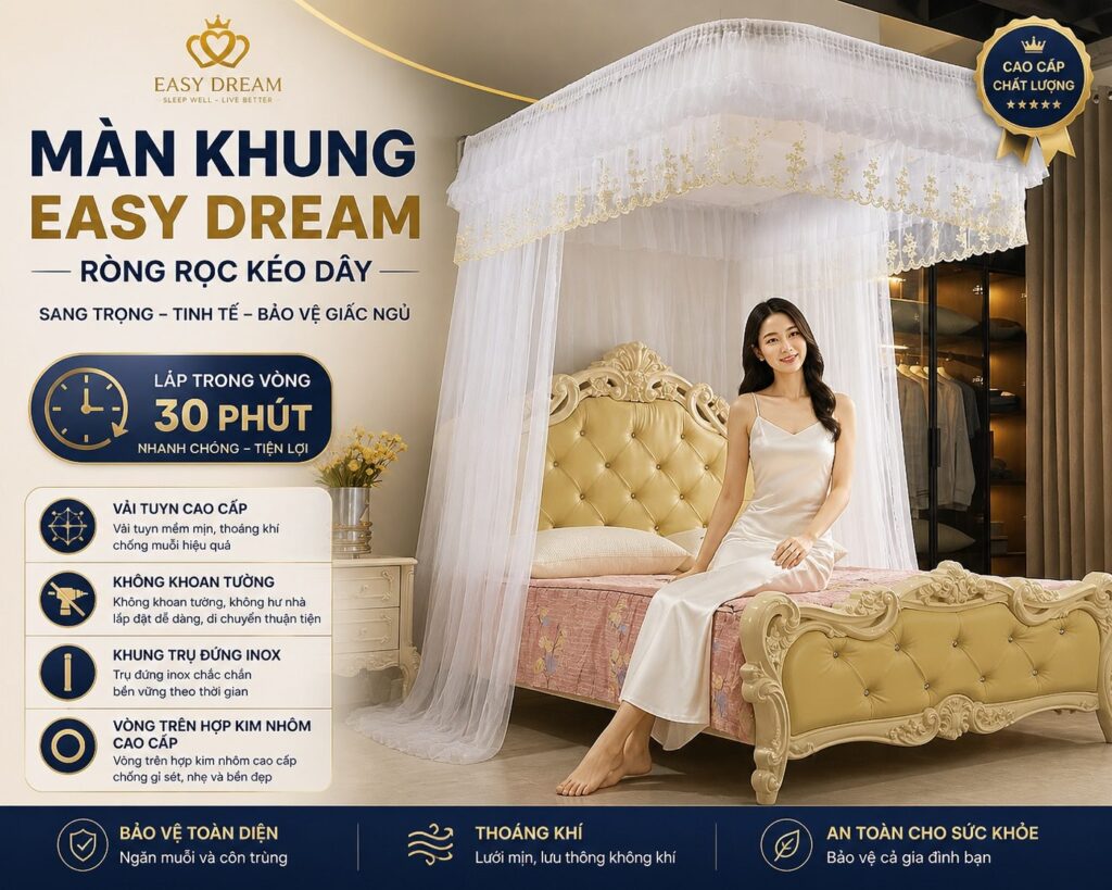 Màn khung ròng rọc kéo dây, trụ inox, vòng trên hợp kim nhôm, lắp trong 30 phút